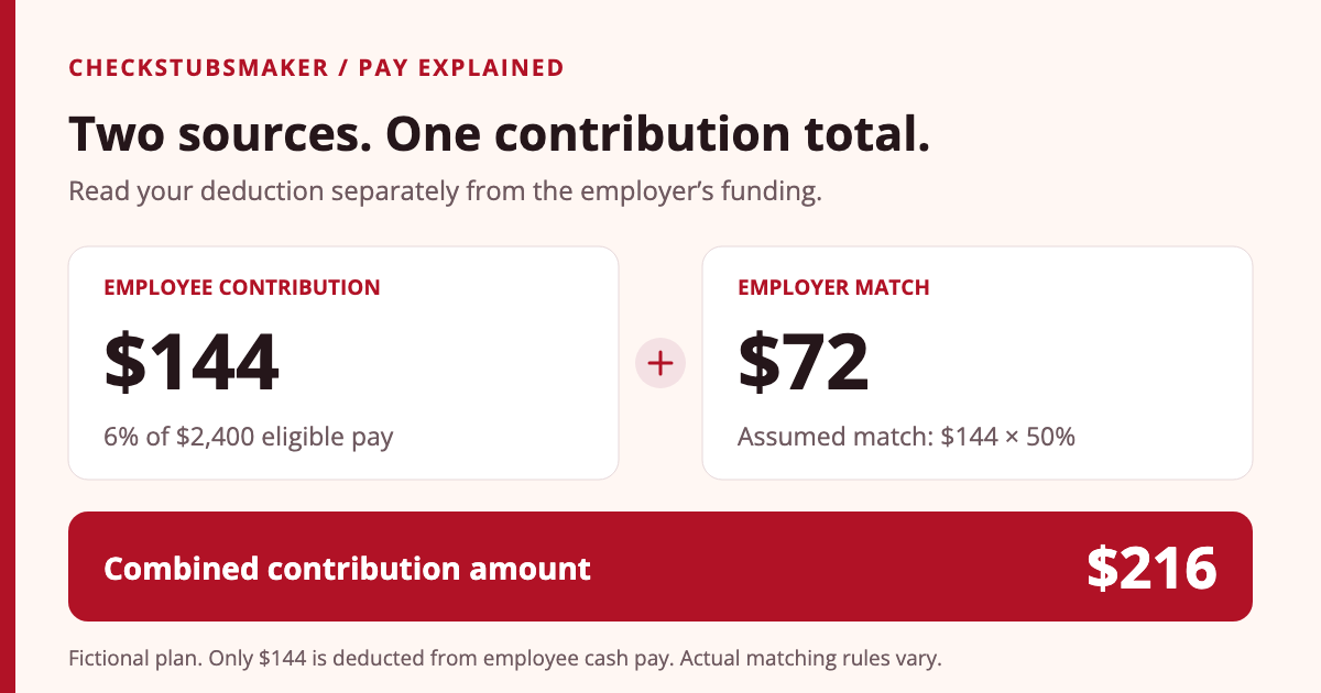 Fictional 401(k) example: an employee contributes $144 from $2,400 eligible pay at 6%. A 50% employer match adds $72, producing $216 combined contributions. Only $144 is deducted from the employee’s cash pay.