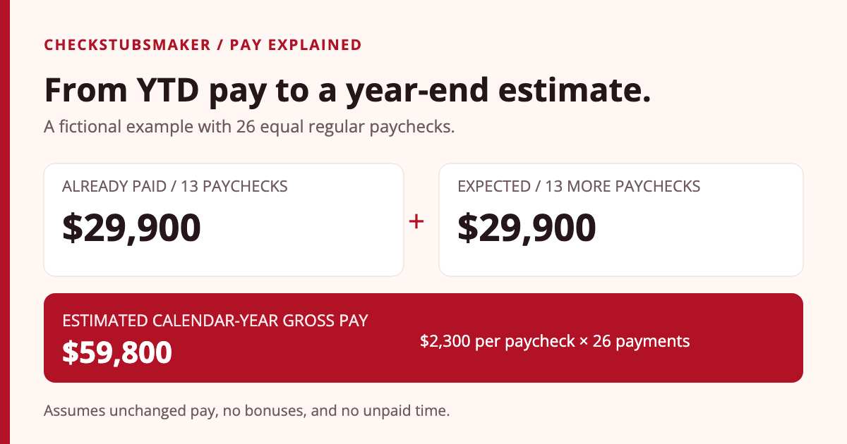 Example: $29,900 YTD gross pay over 13 regular paychecks gives a $2,300 average. Another 13 payments produce a $59,800 calendar-year estimate.