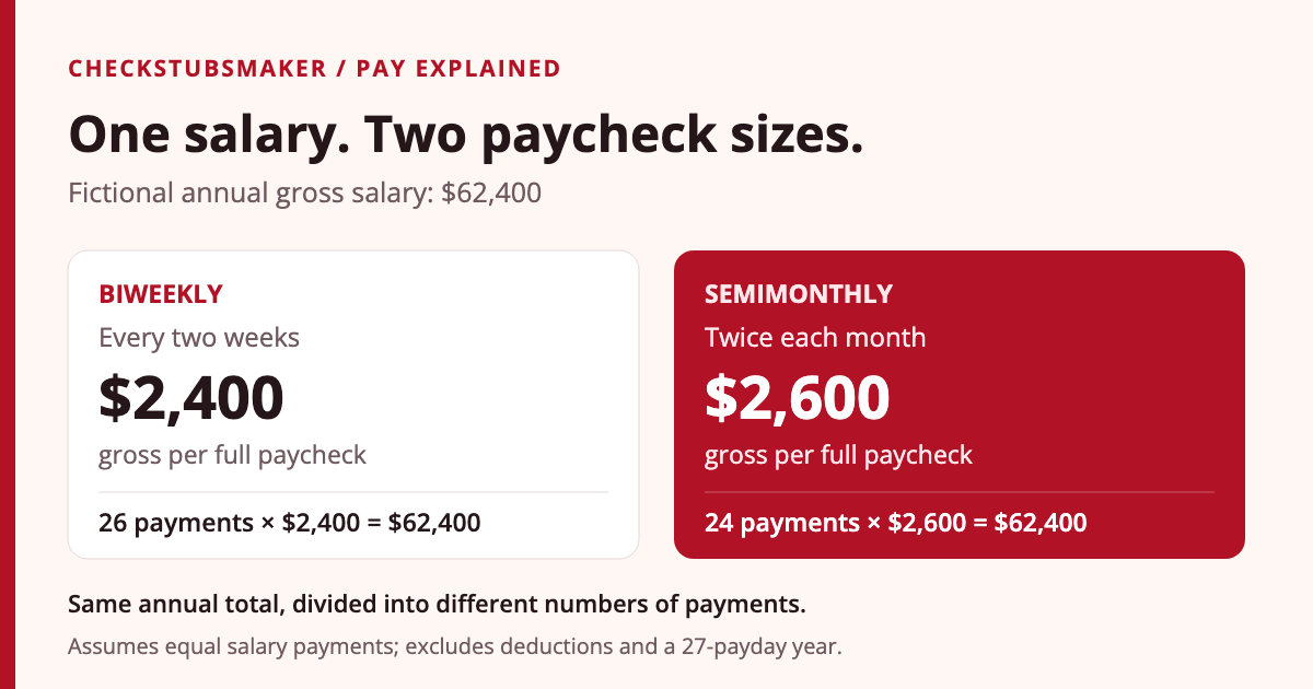 A fictional $62,400 annual salary divided into 26 biweekly payments of $2,400 or 24 semimonthly payments of $2,600, before deductions.