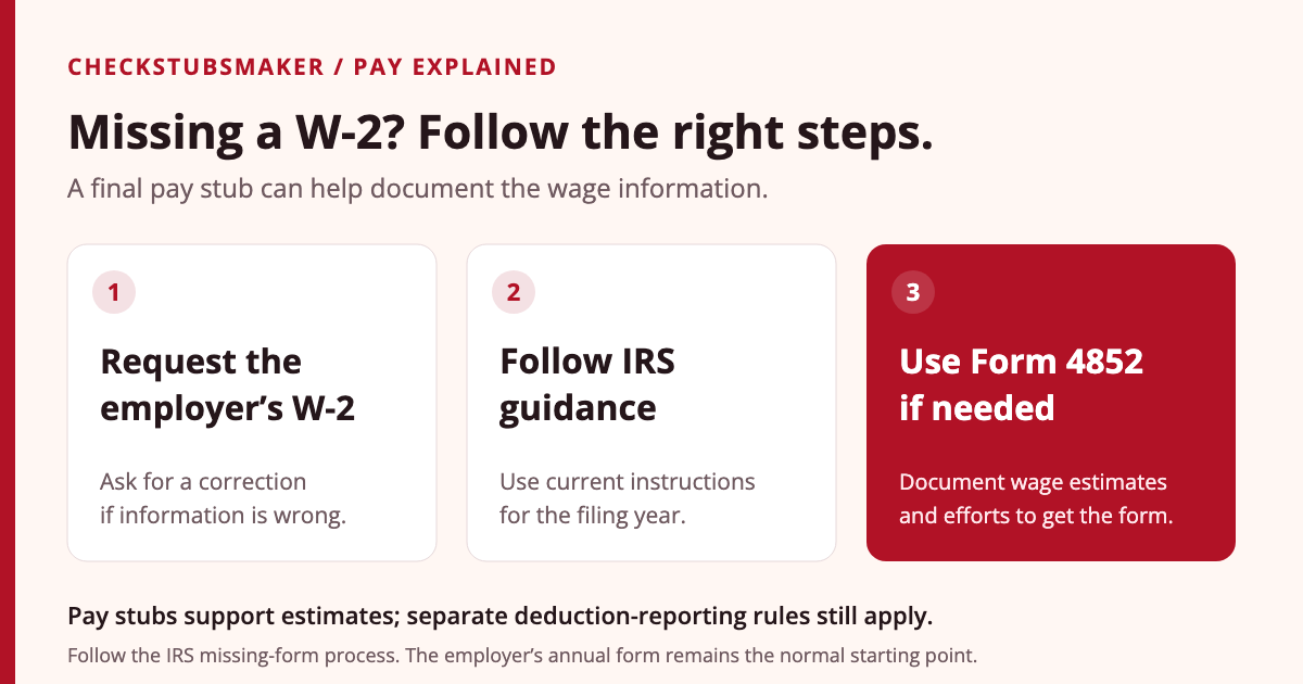 Missing-W-2 process: request the employer’s form or correction, follow the IRS missing-form guidance, and use documented payroll evidence for Form 4852 if needed. Gross pay, taxable wages, and net pay are different categories.