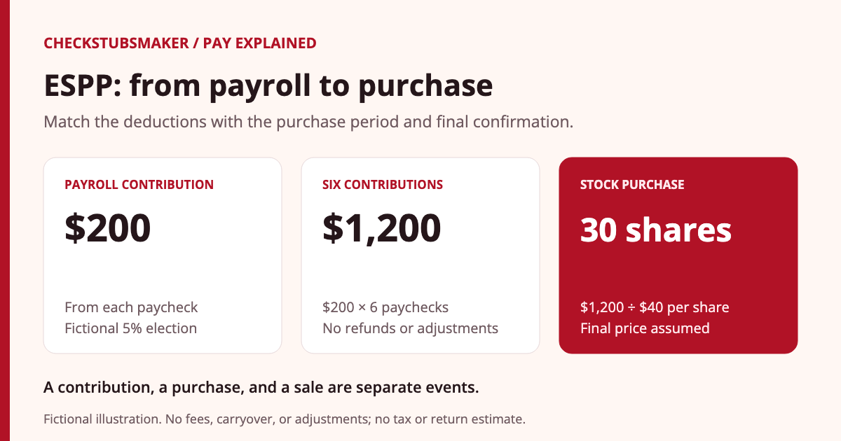 Fictional ESPP sequence: $200 from each of six paychecks accumulates to $1,200, which purchases 30 shares at an assumed final price of $40 per share with no fees or adjustments.