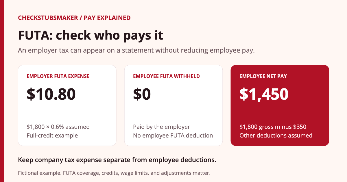 Fictional payroll example: employer FUTA expense is $10.80 under a full-credit assumption; employee FUTA withholding is zero, and $1,800 gross minus $350 other employee deductions leaves $1,450 net.