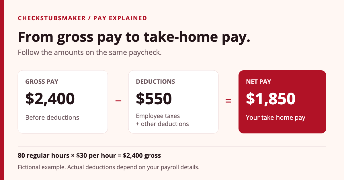 Fictional paycheck calculation: $2,400 gross pay minus $550 in employee taxes and other deductions equals $1,850 net pay.