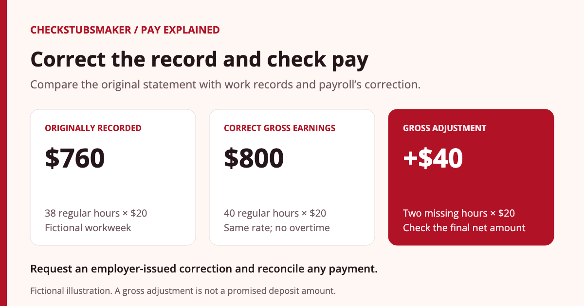 Fictional correction: 38 recorded regular hours at $20 equals $760 gross; 40 actual regular hours equals $800 gross, leaving a $40 gross adjustment before payroll deductions.