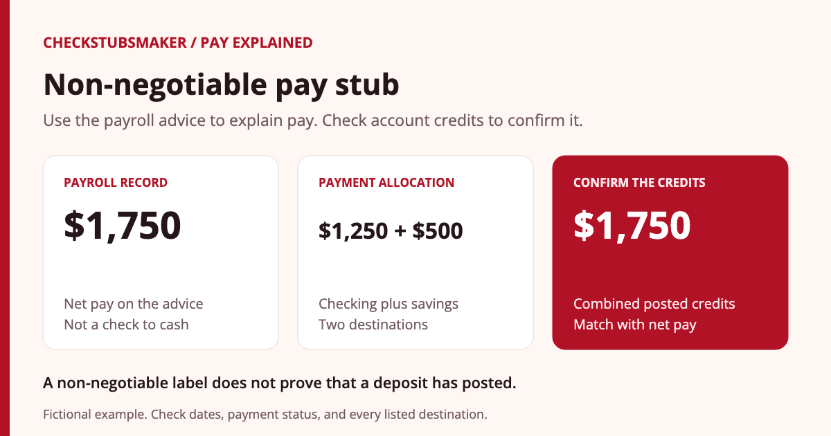 Fictional split-deposit comparison: $1,750 net pay is allocated as $1,250 to checking and $500 to savings. A non-negotiable advice explains the payment; account transactions confirm the credits.