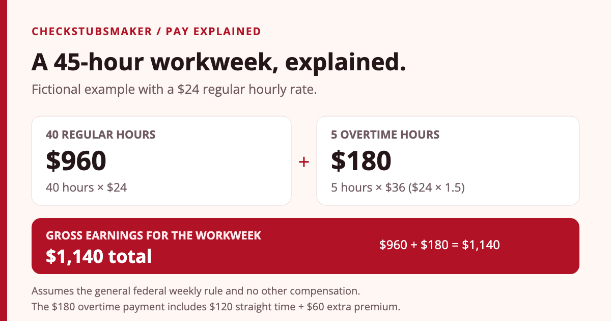 Fictional 45-hour workweek: 40 regular hours at $24 equals $960, plus five overtime hours at $36 equals $180, totaling $1,140 gross earnings.