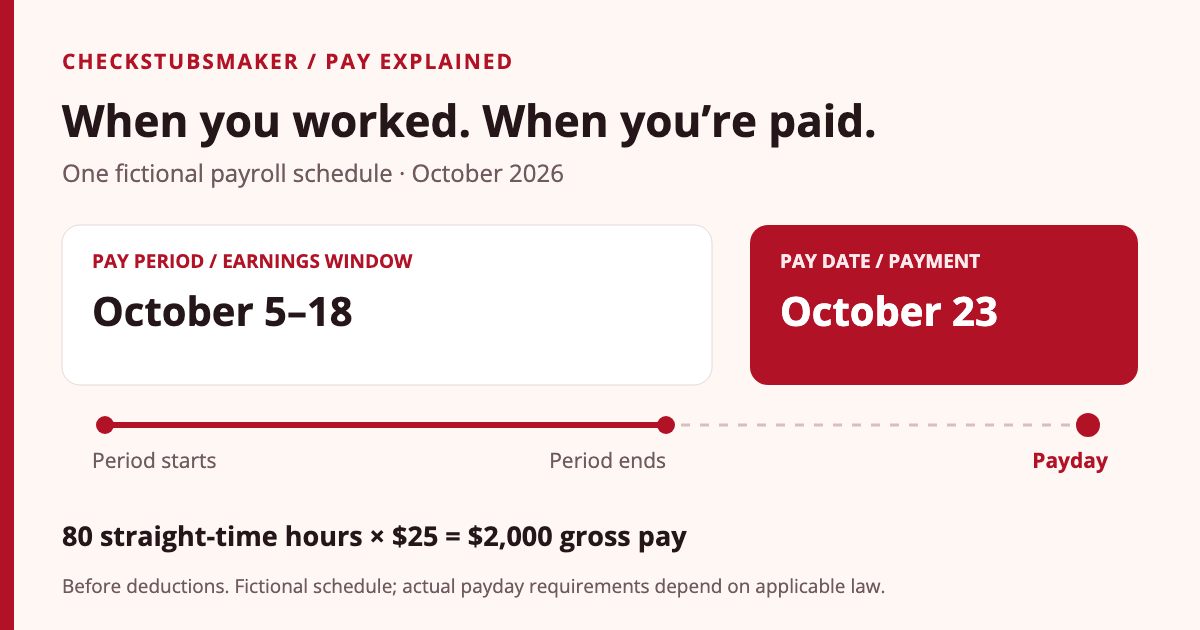 Fictional payroll timeline: the earnings period is October 5 through October 18, 2026, and the pay date is October 23. Eighty straight-time hours at $25 per hour produce $2,000 gross pay before deductions.