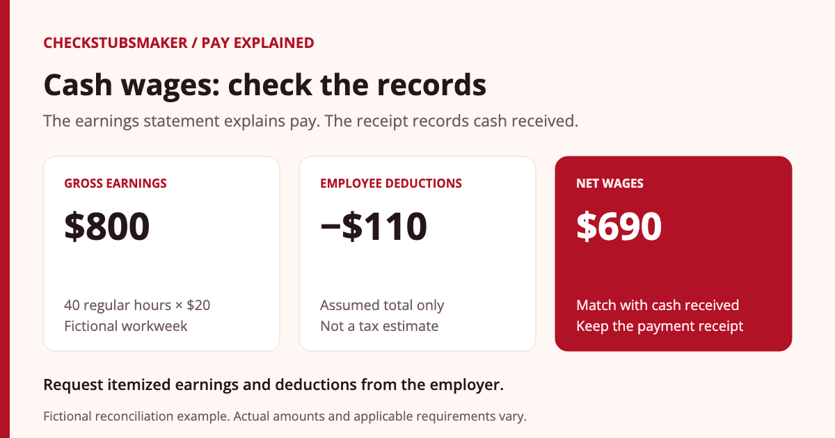 Fictional cash payroll example: $800 gross minus $110 assumed employee deductions equals $690 net wages. Compare that net amount with the cash actually received.