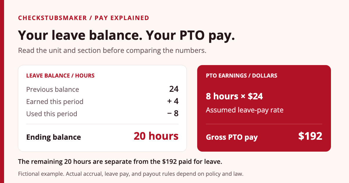 Fictional PTO example: 24 previous hours plus 4 earned hours minus 8 used hours leaves 20 hours. Separately, 8 hours of PTO paid at an assumed $24 hourly rate produces $192 in gross PTO earnings.