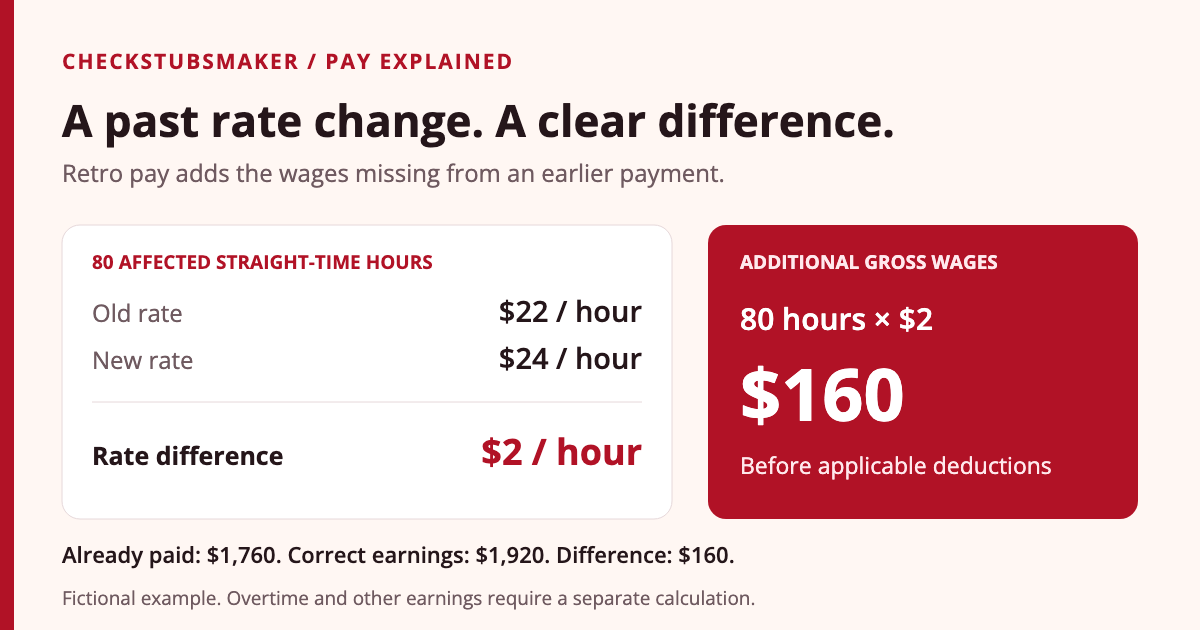 Fictional retro pay calculation: an hourly rate rises from $22 to $24, a $2 difference. Multiplying 80 affected straight-time hours by $2 gives $160 in additional gross wages. Overtime requires a separate check.