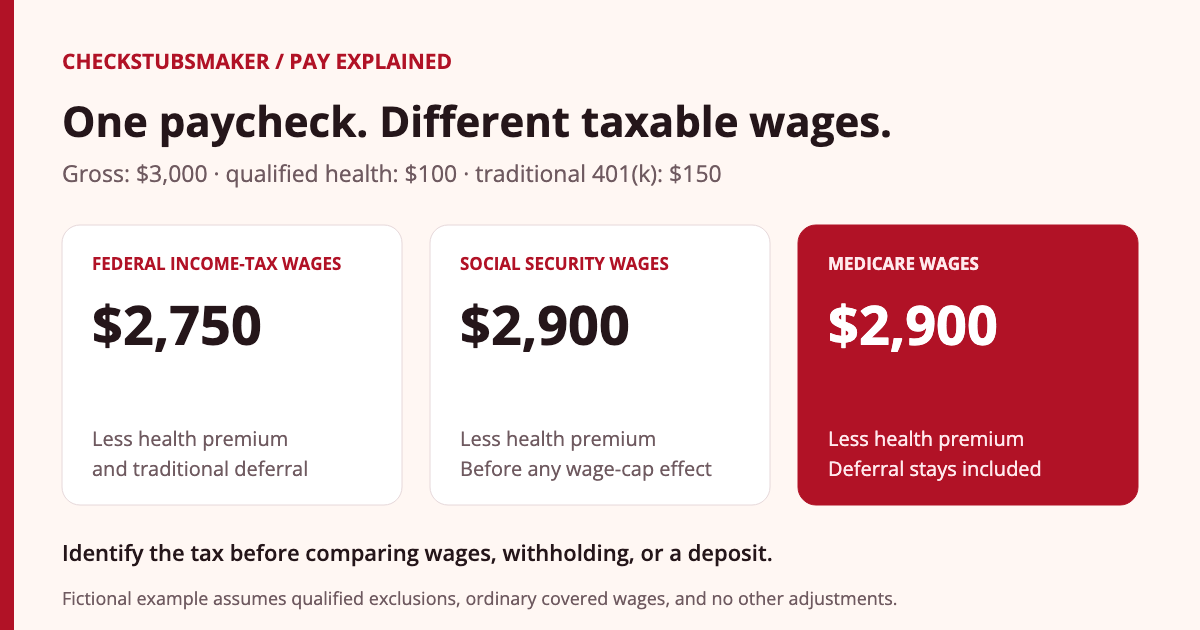 Fictional $3,000 paycheck with a $150 traditional 401(k) deferral and a $100 qualified pre-tax health deduction: federal income-tax wages are $2,750, and Social Security and Medicare wages are $2,900 before any Social Security wage-cap effect.