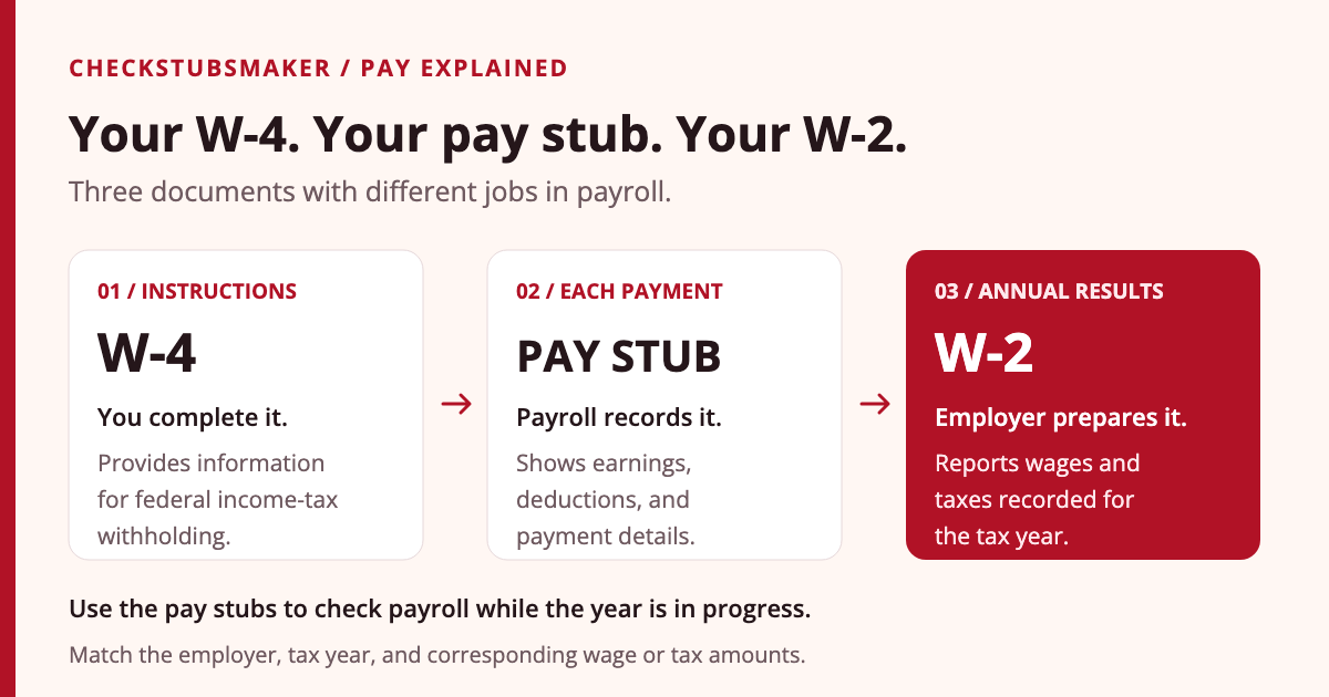 Payroll document sequence: the employee's W-4 provides withholding instructions, pay stubs record individual payments, and the employer's W-2 reports annual wage and tax results.